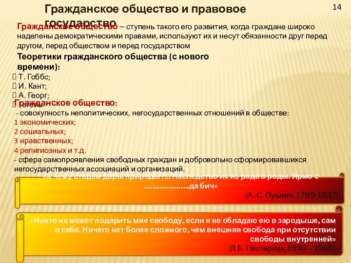 14 Гражданское общество и правовое государство Гражданское общество – ступень такого