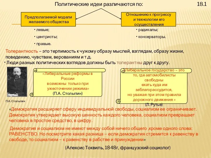 18.1 Политические идеи различаются по: Предполагаемой модели желаемого общества Отношению к