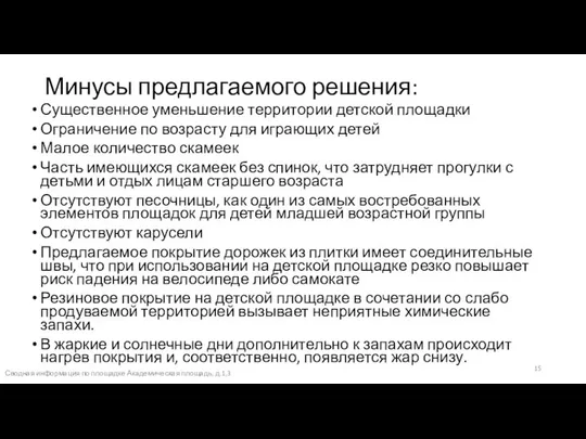 Минусы предлагаемого решения: Существенное уменьшение территории детской площадки Ограничение по возрасту