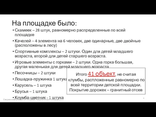 На площадке было: Скамеек – 28 штук, равномерно распределенные по всей