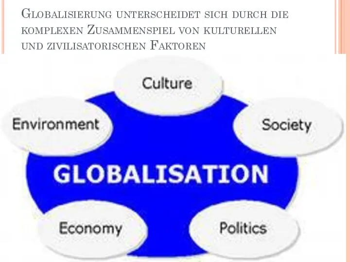 Globalisierung unterscheidet sich durch die komplexen Zusammenspiel von kulturellen und zivilisatorischen Faktoren