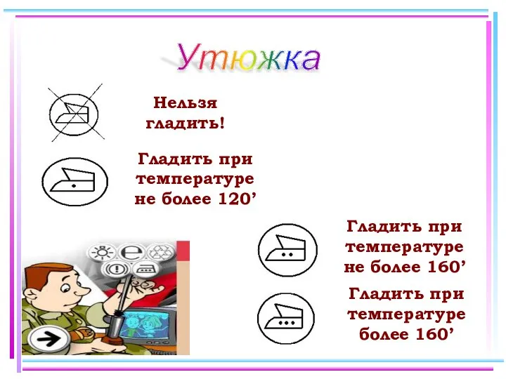 Утюжка Нельзя гладить! Гладить при температуре не более 120’ Гладить при