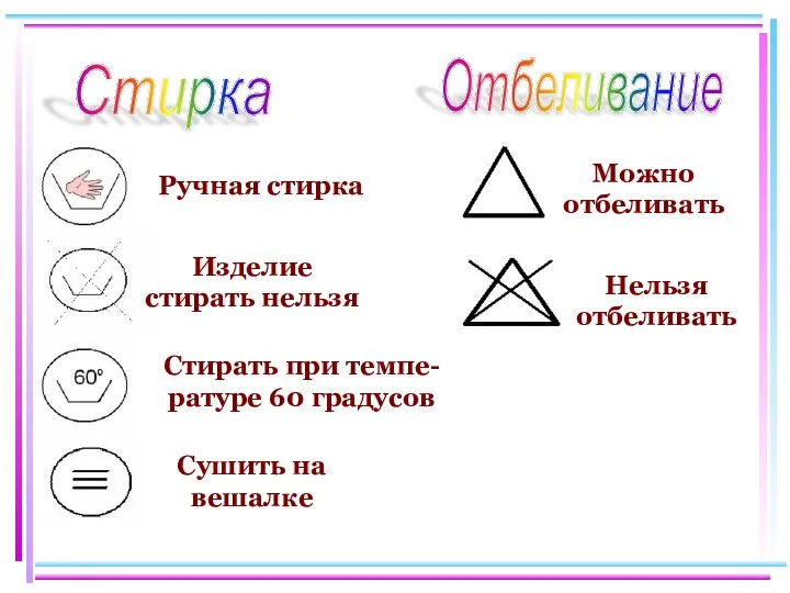 Стирка Ручная стирка Изделие стирать нельзя Сушить на вешалке Стирать при