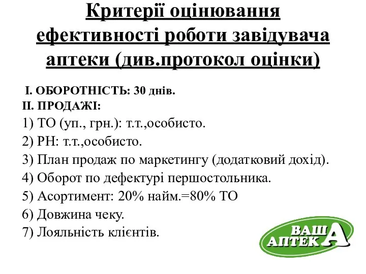 Критерії оцінювання ефективності роботи завідувача аптеки (див.протокол оцінки) І. ОБОРОТНІСТЬ: 30