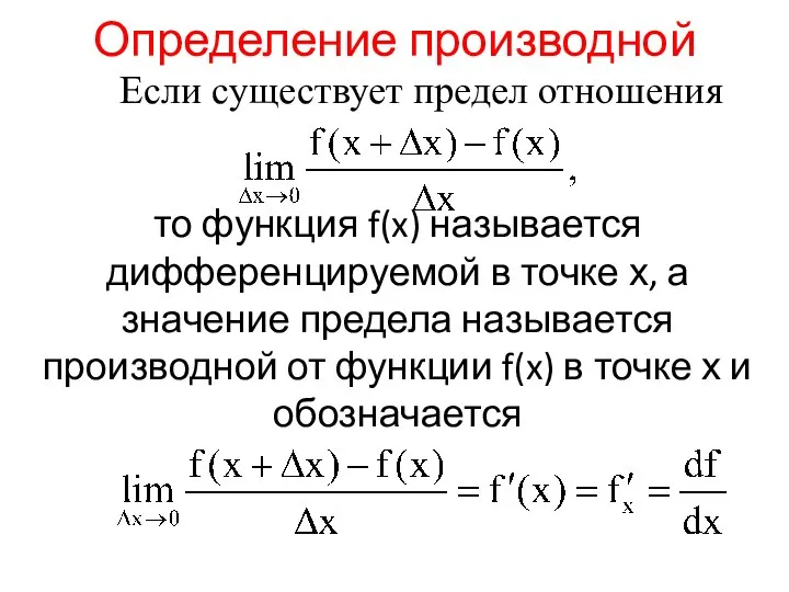 Определение производной Если существует предел отношения то функция f(x) называется дифференцируемой