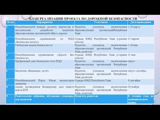 ПЛАН РЕАЛИЗАЦИИ ПРОЕКТА ПО ДОРОЖНОЙ БЕЗОПАСНОСТИ