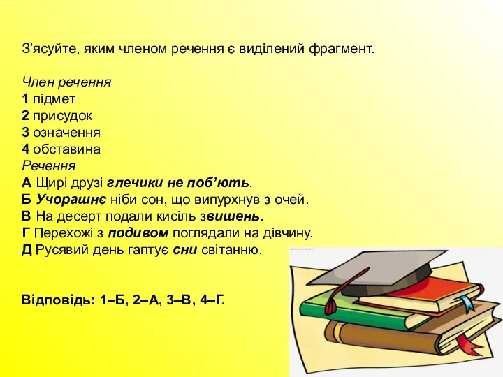 З’ясуйте, яким членом речення є виділений фрагмент. Член речення 1 підмет