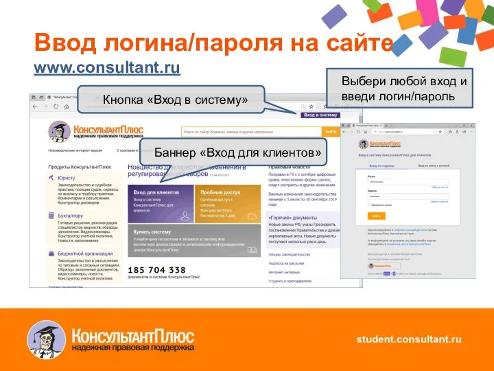 Ввод логина/пароля на сайте www.consultant.ru Кнопка «Вход в систему» Баннер «Вход