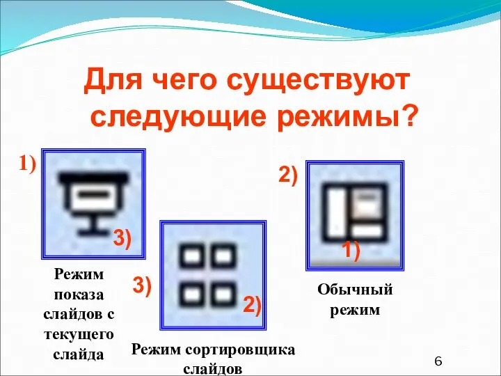 Для чего существуют следующие режимы? 1) 2) 3) 1) 2) 3)