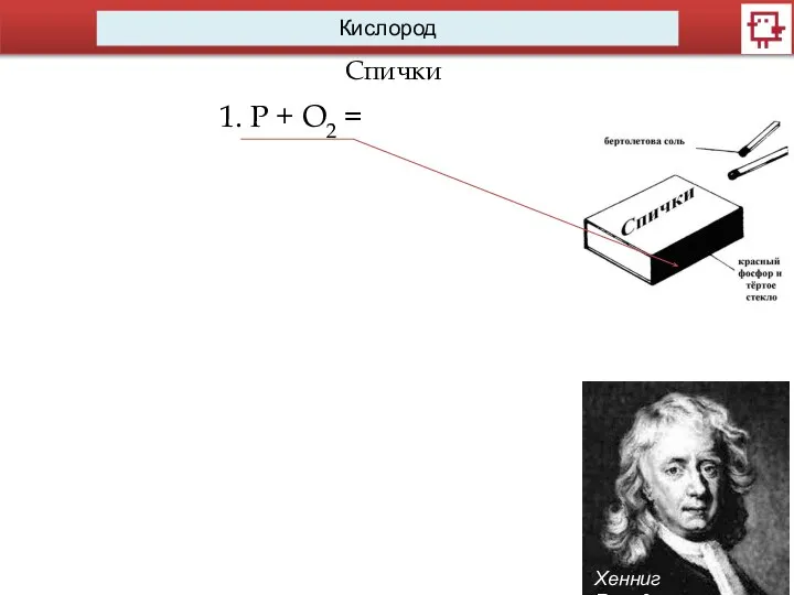 Кислород Спички Хенниг Бранд 1. P + O2 =