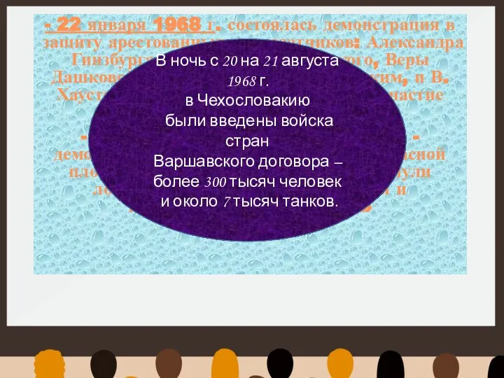 - 22 января 1968 г. состоялась демонстрация в защиту арестованных самиздатчиков: