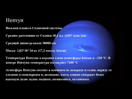 Нептун Восьмая планета Солнечной системы Среднее расстояние от Солнца-30,1 а.е. (4497