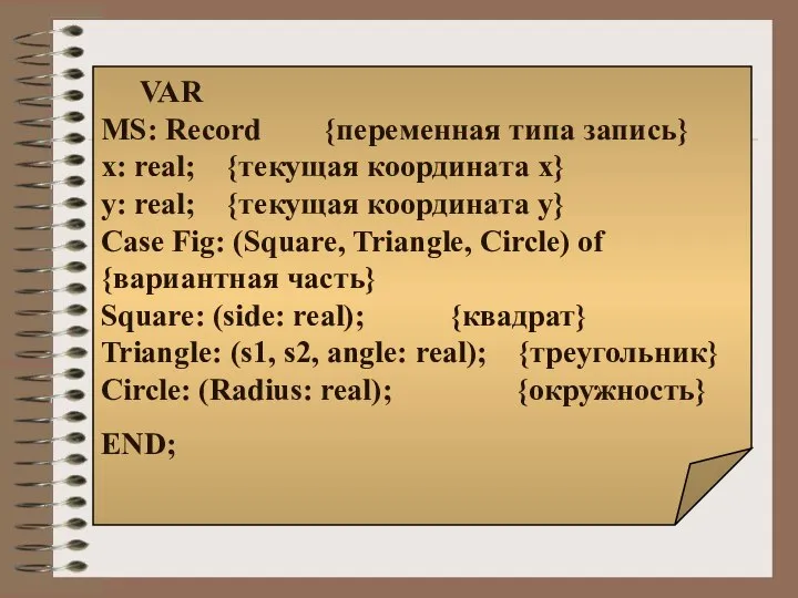 VAR MS: Record {переменная типа запись} x: real; {текущая координата x}