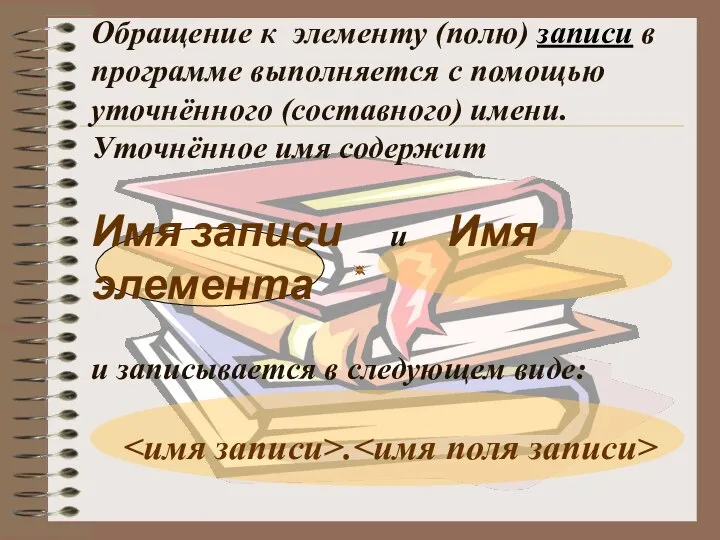 Обращение к элементу (полю) записи в программе выполняется с помощью уточнённого