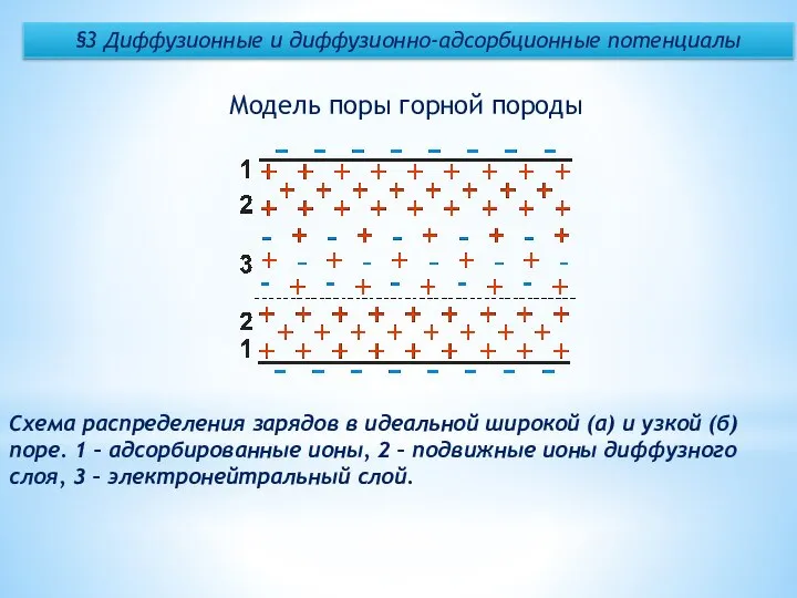 Схема распределения зарядов в идеальной широкой (а) и узкой (б) поре.