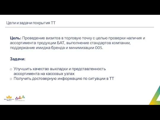 Цели и задачи покрытия ТТ Цель: Проведение визитов в торговую точку