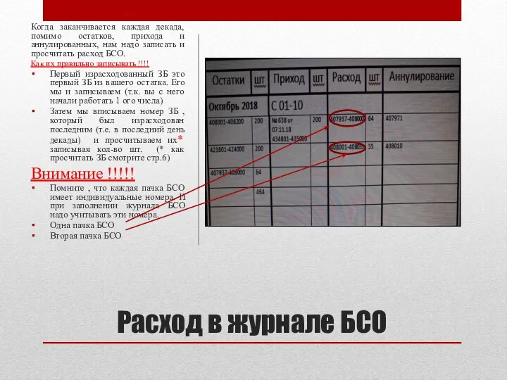 Расход в журнале БСО Когда заканчивается каждая декада, помимо остатков, прихода