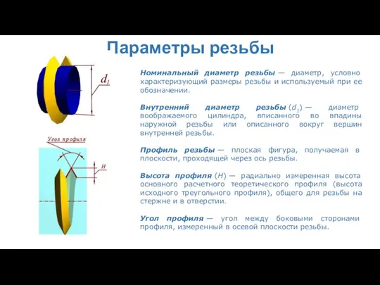 Параметры резьбы Номинальный диаметр резьбы — диаметр, условно характеризующий размеры резьбы