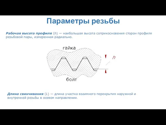 Параметры резьбы Рабочая высота профиля (h) — наибольшая высота соприкосновения сторон