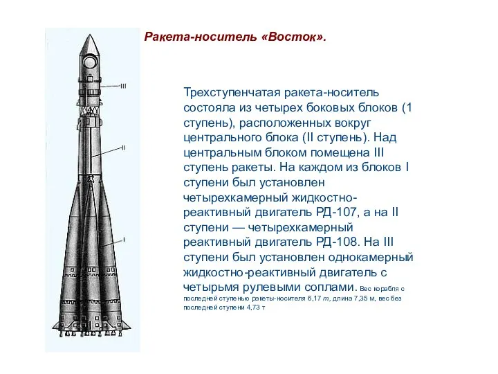 Трехступенчатая ракета-носитель состояла из четырех боковых блоков (1 ступень), расположенных вокруг