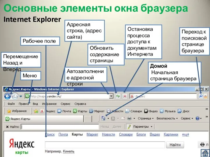 Основные элементы окна браузера Internet Explorer Перемещение Назад и Вперед Адресная