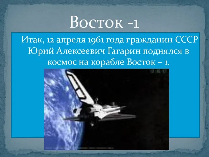 Итак, 12 апреля 1961 года гражданин СССР Юрий Алексеевич Гагарин поднялся