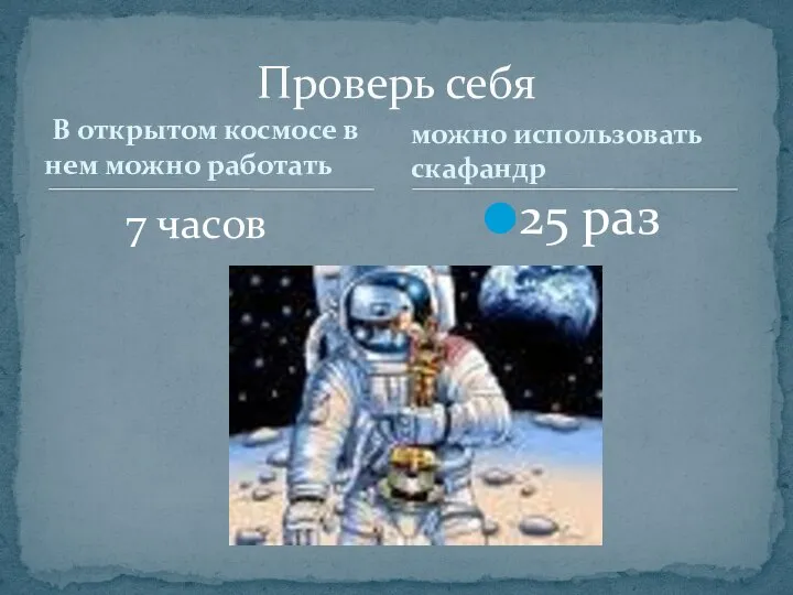 В открытом космосе в нем можно работать Проверь себя можно использовать скафандр 25 раз 7 часов