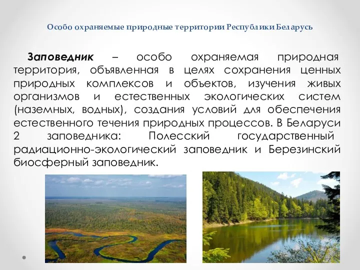 Особо охраняемые природные территории Республики Беларусь Заповедник – особо охраняемая природная