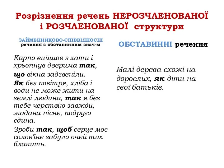 Розрізнення речень НЕРОЗЧЛЕНОВАНОЇ і РОЗЧЛЕНОВАНОЇ структури ЗАЙМЕННИКОВО-СПІВВІДНОСНІ речення з обставинним знач-м