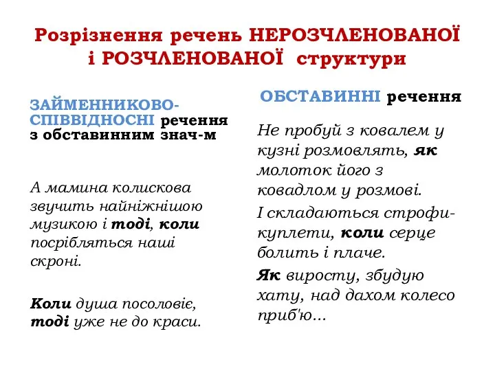 Розрізнення речень НЕРОЗЧЛЕНОВАНОЇ і РОЗЧЛЕНОВАНОЇ структури ЗАЙМЕННИКОВО-СПІВВІДНОСНІ речення з обставинним знач-м