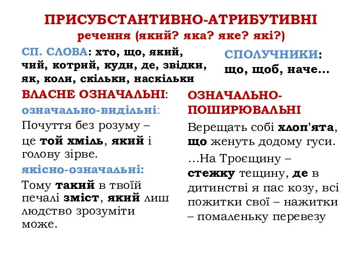 ПРИСУБСТАНТИВНО-АТРИБУТИВНІ речення (який? яка? яке? які?) СП. СЛОВА: хто, що, який,