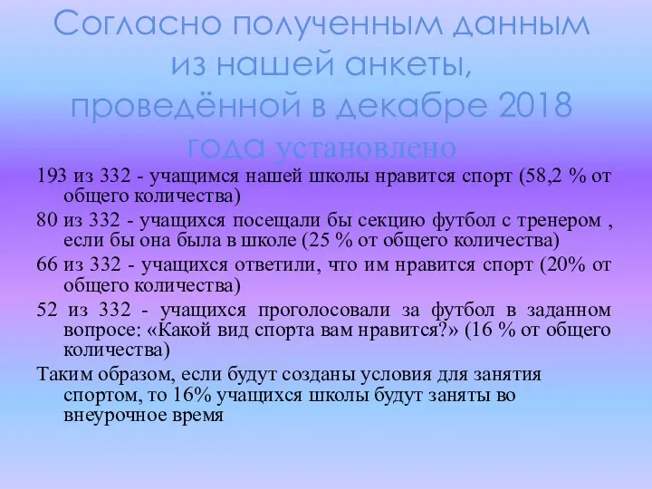 Согласно полученным данным из нашей анкеты, проведённой в декабре 2018 года