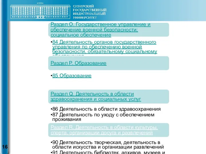 Раздел O. Государственное управление и обеспечение военной безопасности; социальное обеспечение 84