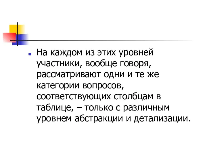 На каждом из этих уровней участники, вообще говоря, рассматривают одни и