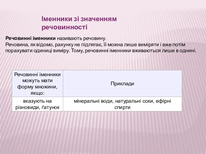 Іменники зі значенням речовинності Речовинні іменники називають речовину. Речовина, як відомо,