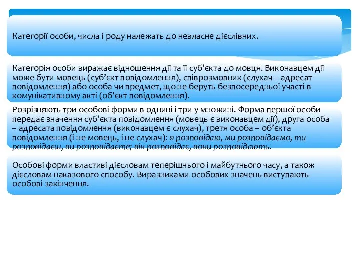 Категорії особи, числа і роду належать до невласне дієслівних. Категорія особи