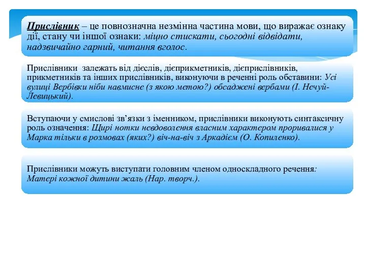 Прислівник – це повнозначна незмінна частина мови, що виражає ознаку дії,