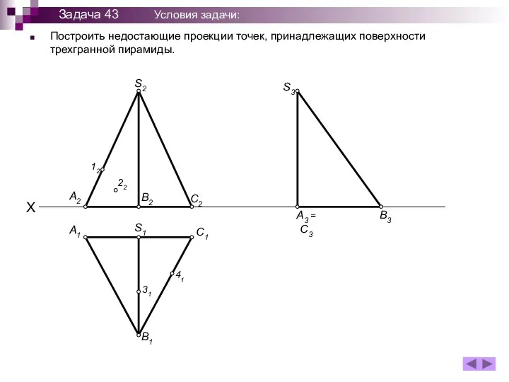 Построить недостающие проекции точек, принадлежащих поверхности трехгранной пирамиды. A1 B1 S1