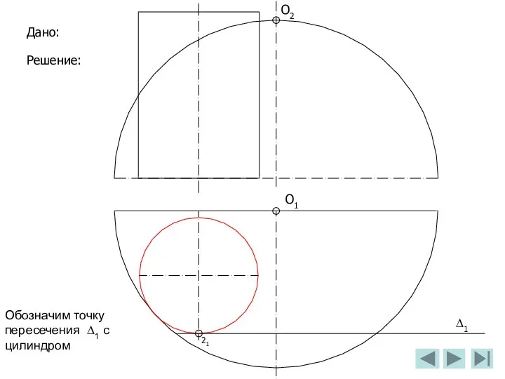 О2 О1 Дано: Решение: ∆1 Обозначим точку пересечения ∆1 с цилиндром 21