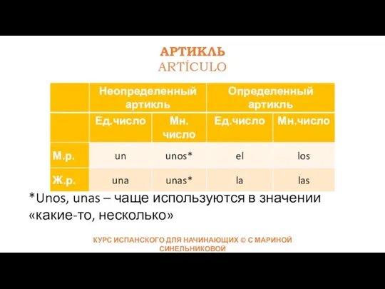 АРТИКЛЬ ARTÍCULO *Unos, unas – чаще используются в значении «какие-то, несколько»