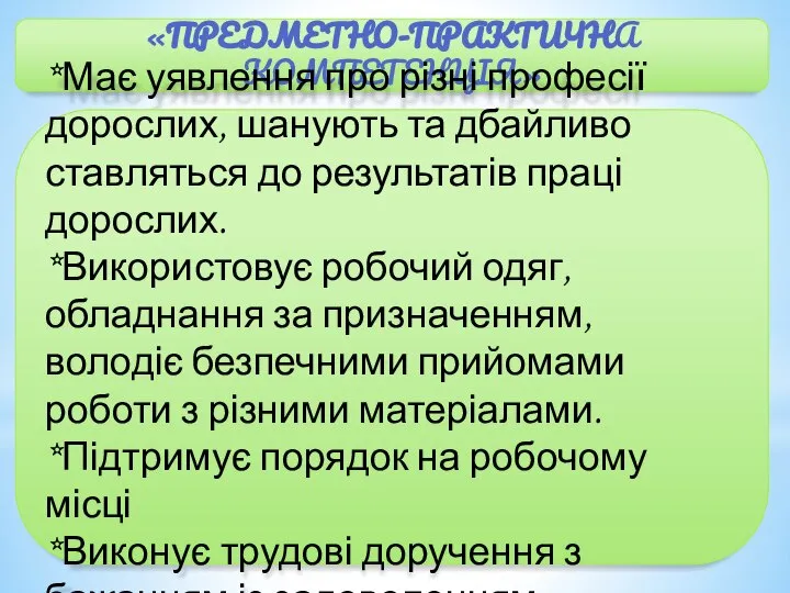 «ПРЕДМЕТНО-ПРАКТИЧНА КОМПЕТЕНЦІЯ» *Має уявлення про різні професії дорослих, шанують та дбайливо