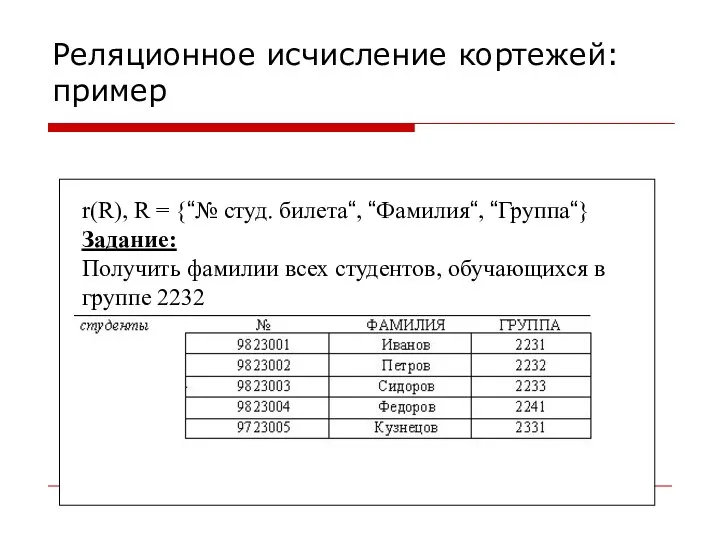 Реляционное исчисление кортежей: пример r(R), R = {“№ студ. билета“, “Фамилия“,