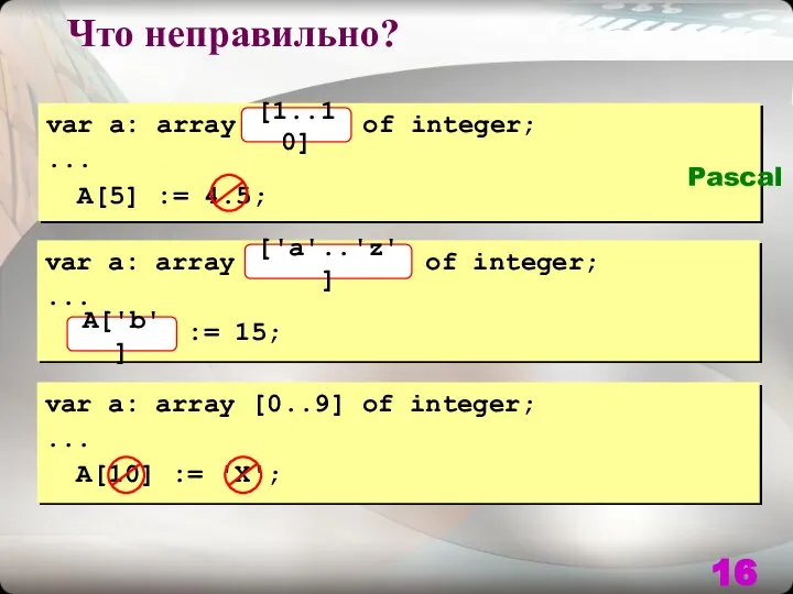 Что неправильно? var a: array[10..1] of integer; ... A[5] := 4.5;