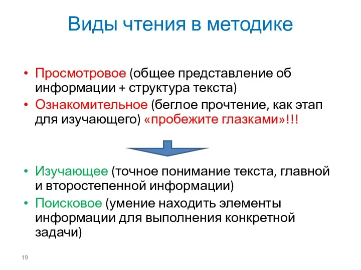 Виды чтения в методике Просмотровое (общее представление об информации + структура