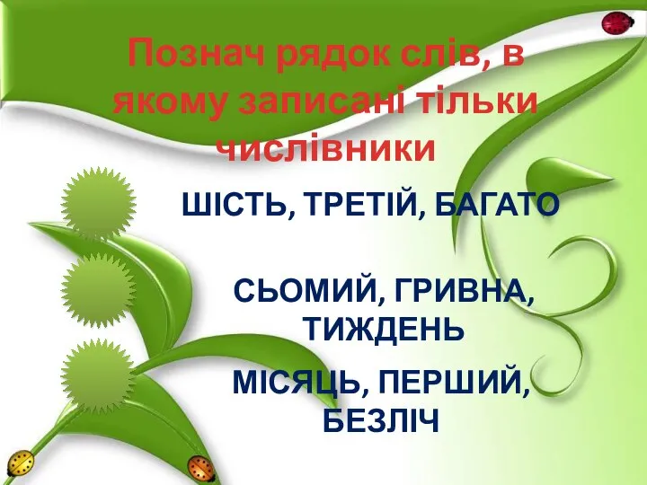 Познач рядок слів, в якому записані тільки числівники ШІСТЬ, ТРЕТІЙ, БАГАТО