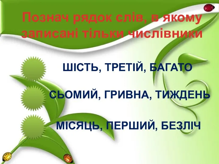 Познач рядок слів, в якому записані тільки числівники ШІСТЬ, ТРЕТІЙ, БАГАТО