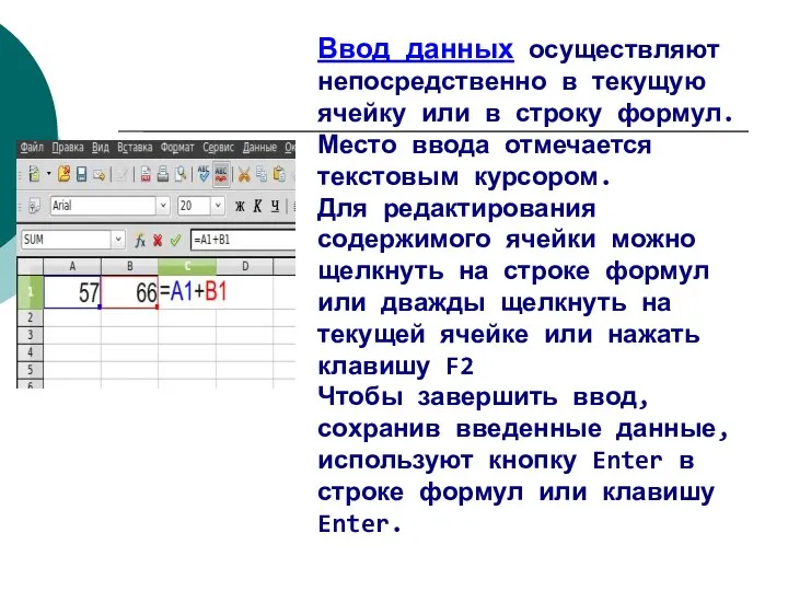 Ввод данных осуществляют непосредственно в текущую ячейку или в строку формул.