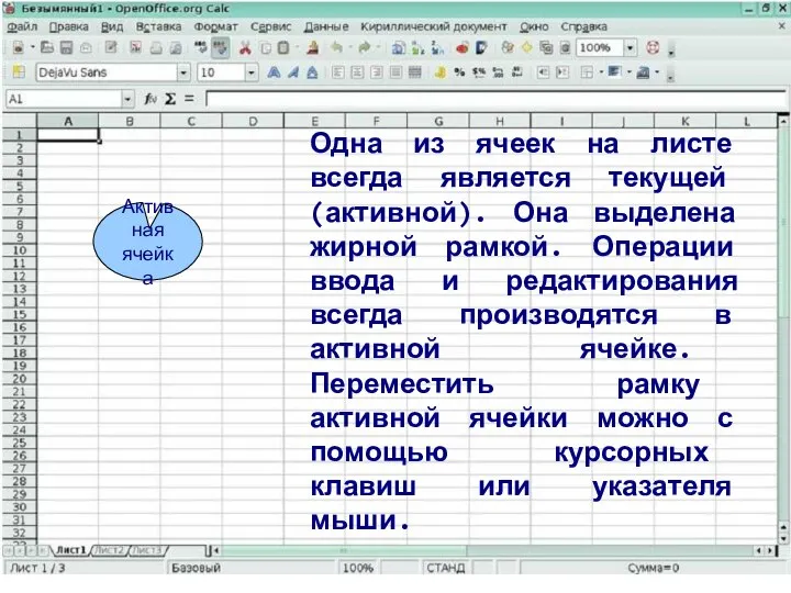 Одна из ячеек на листе всегда является текущей (активной). Она выделена