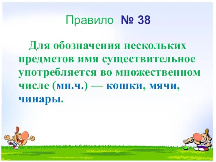 Правило № 38 Для обозначения нескольких предметов имя существительное употребляется во