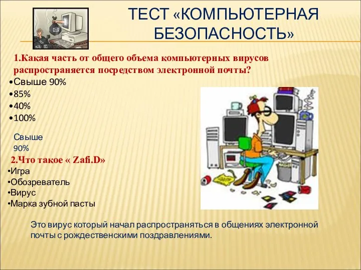 ТЕСТ «КОМПЬЮТЕРНАЯ БЕЗОПАСНОСТЬ» 1.Какая часть от общего объема компьютерных вирусов распространяется